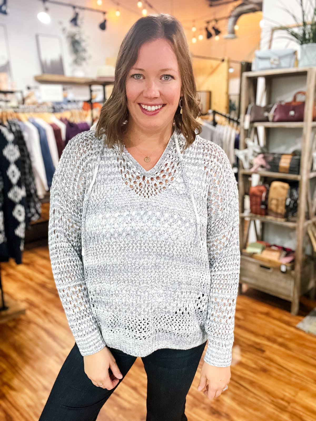 Gray & White Hooded Open Knot Sweater