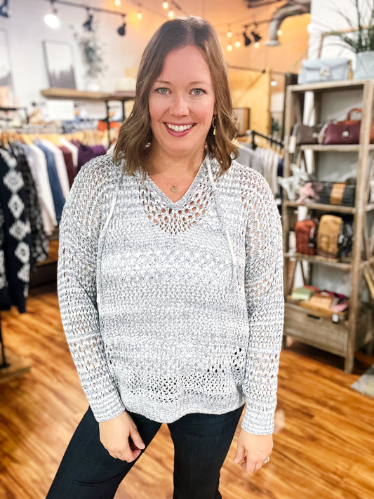 Gray & White Hooded Open Knot Sweater