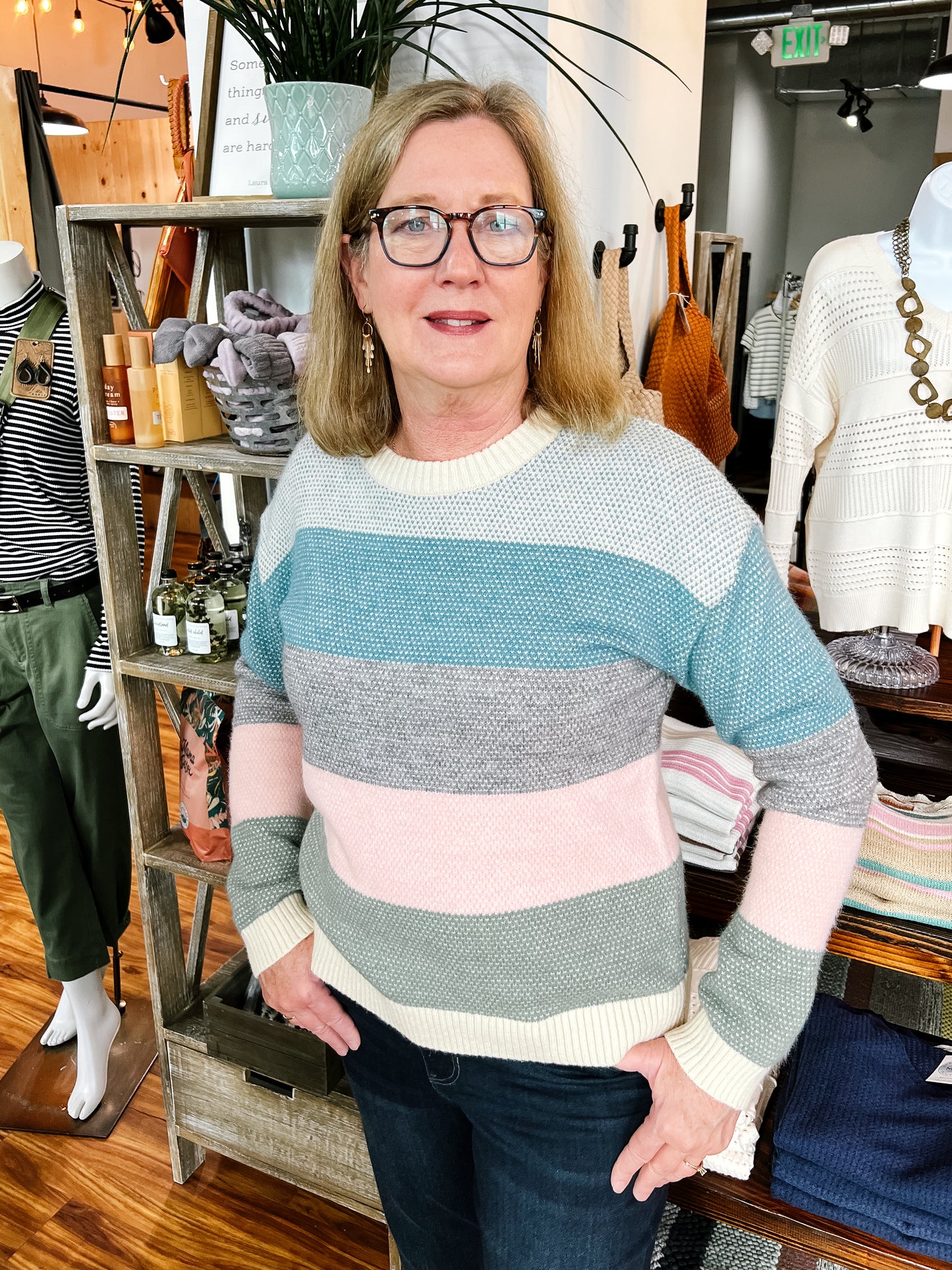 Blue, Pink, & Green Color Block Sweater
