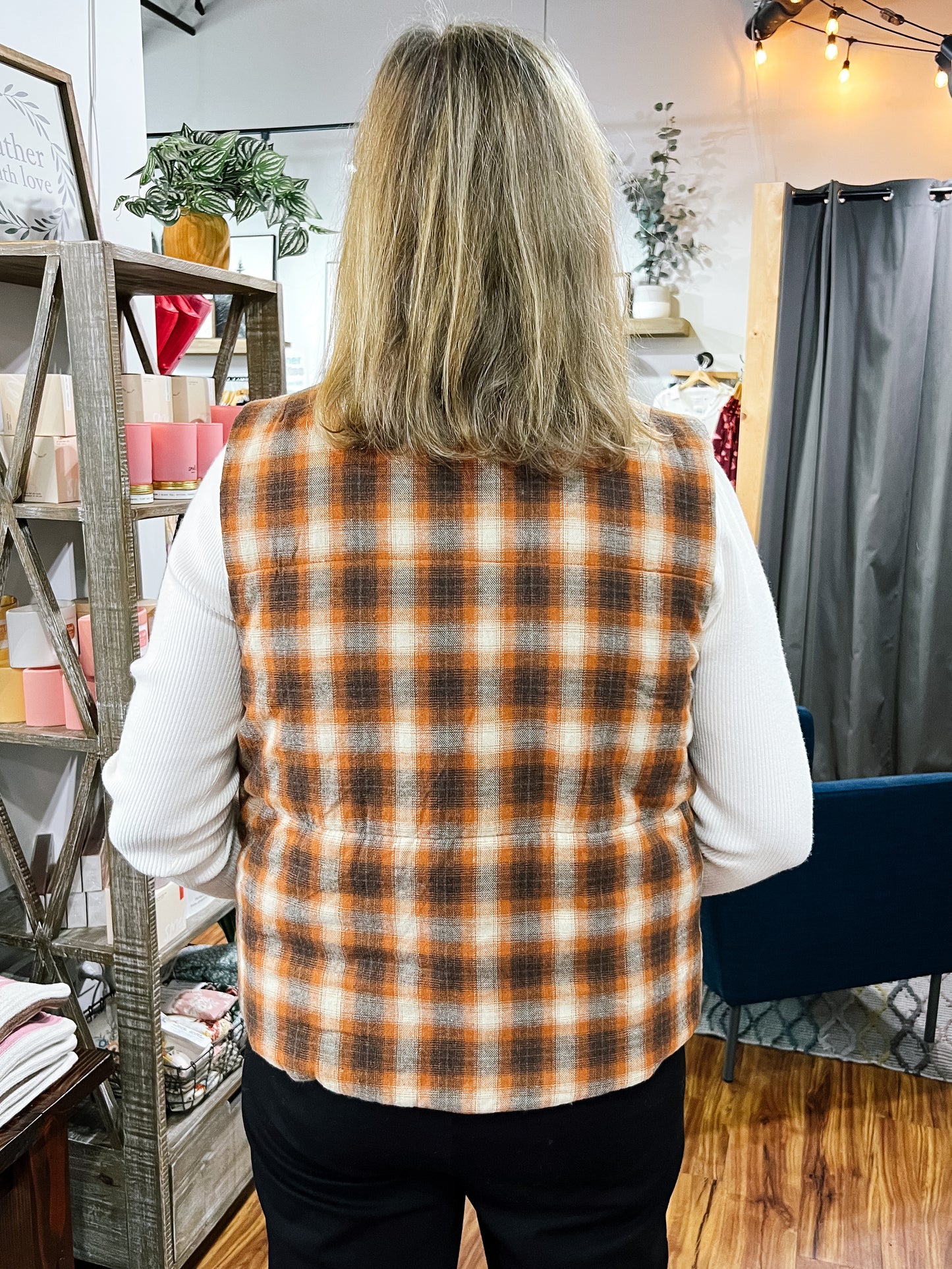 Camel Brown & Plaid Reversible Puffer Vest