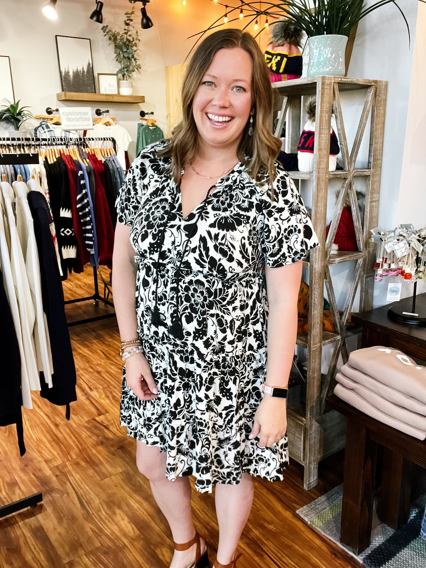 Black & White Floral Flutter Sleeve Dress