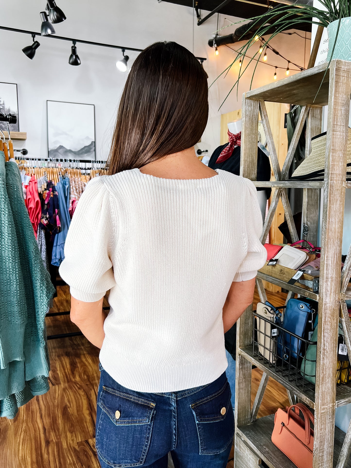 Cream V-Neck Puffy Sleeve Sweater