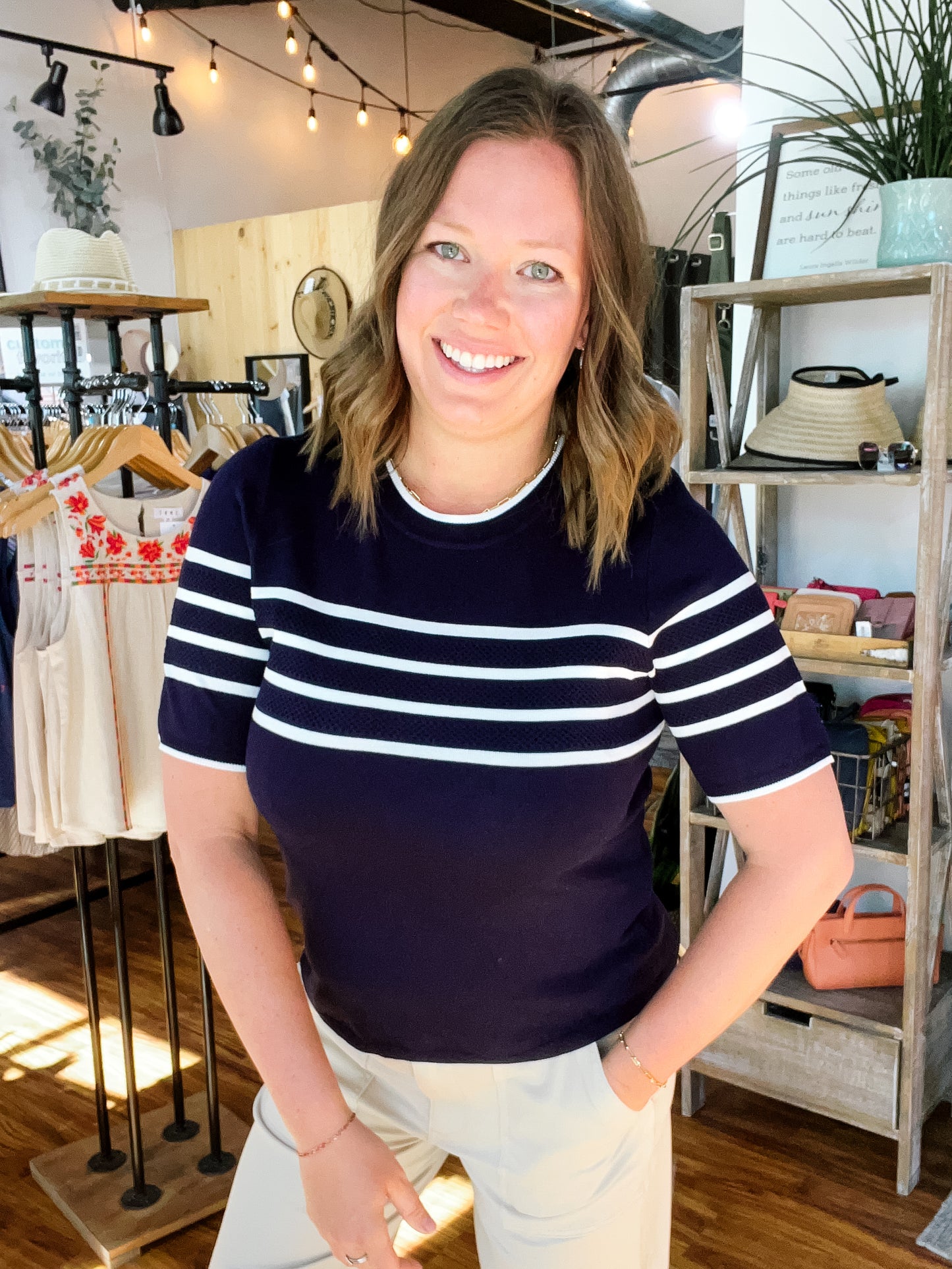 Navy Blue W/White Stripes Short Sleeve Sweater