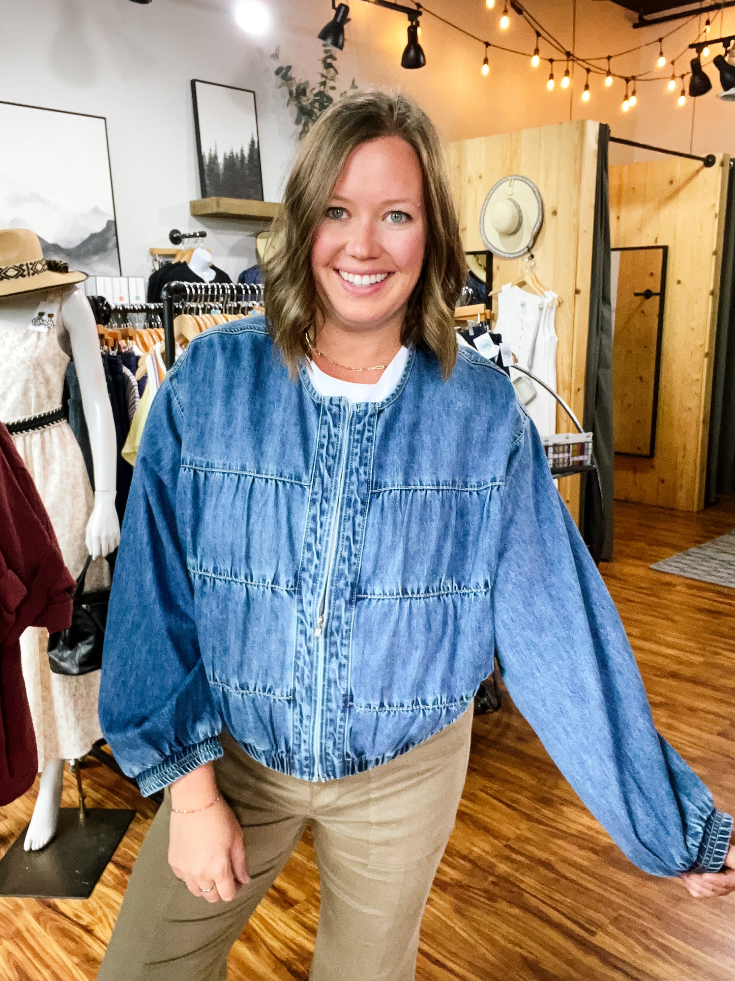 Denim Medium Wash Bomber Jacket