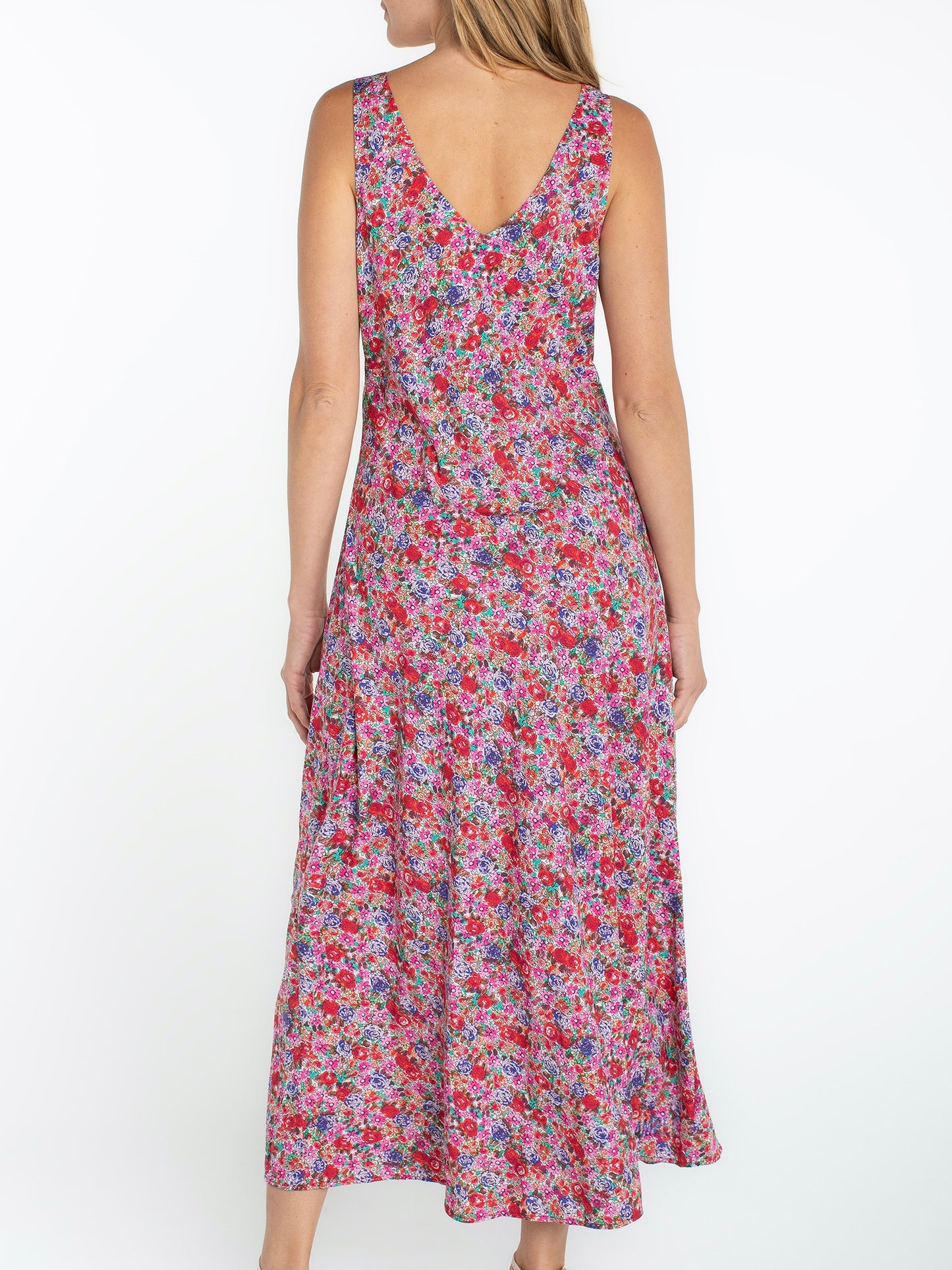 Pink Floral Sleeveless Ruffle Maxi Dress