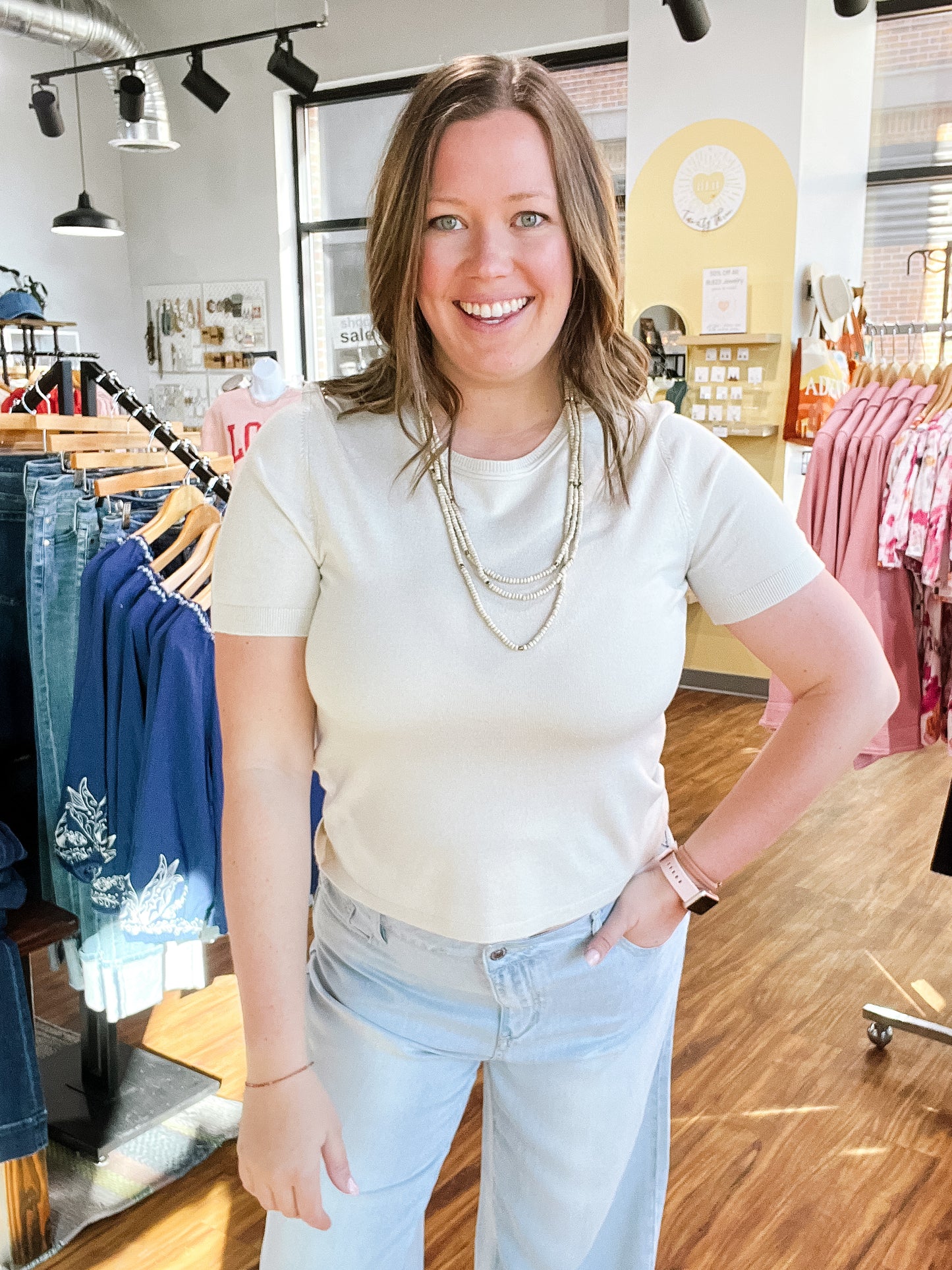 Beige Short Sleeve Round Neck Sweater