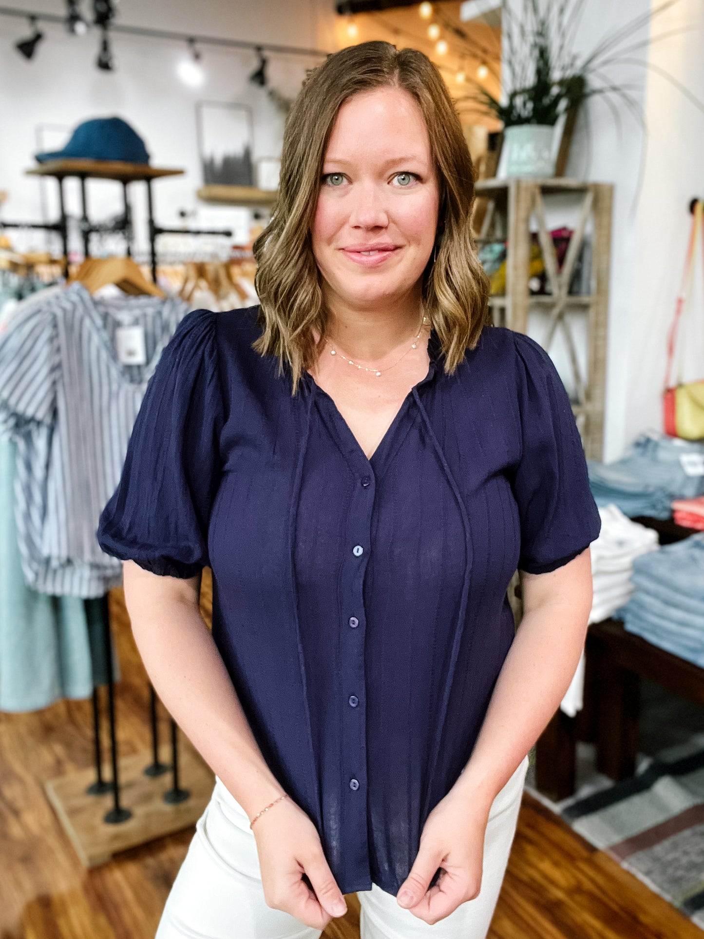 Navy Button Front Top
