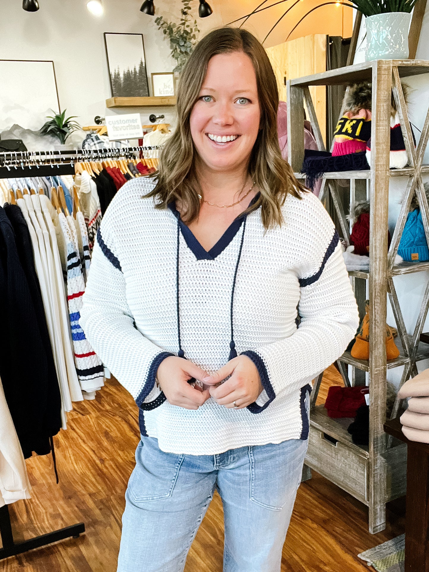 White W/Navy Notch Collar Sweater