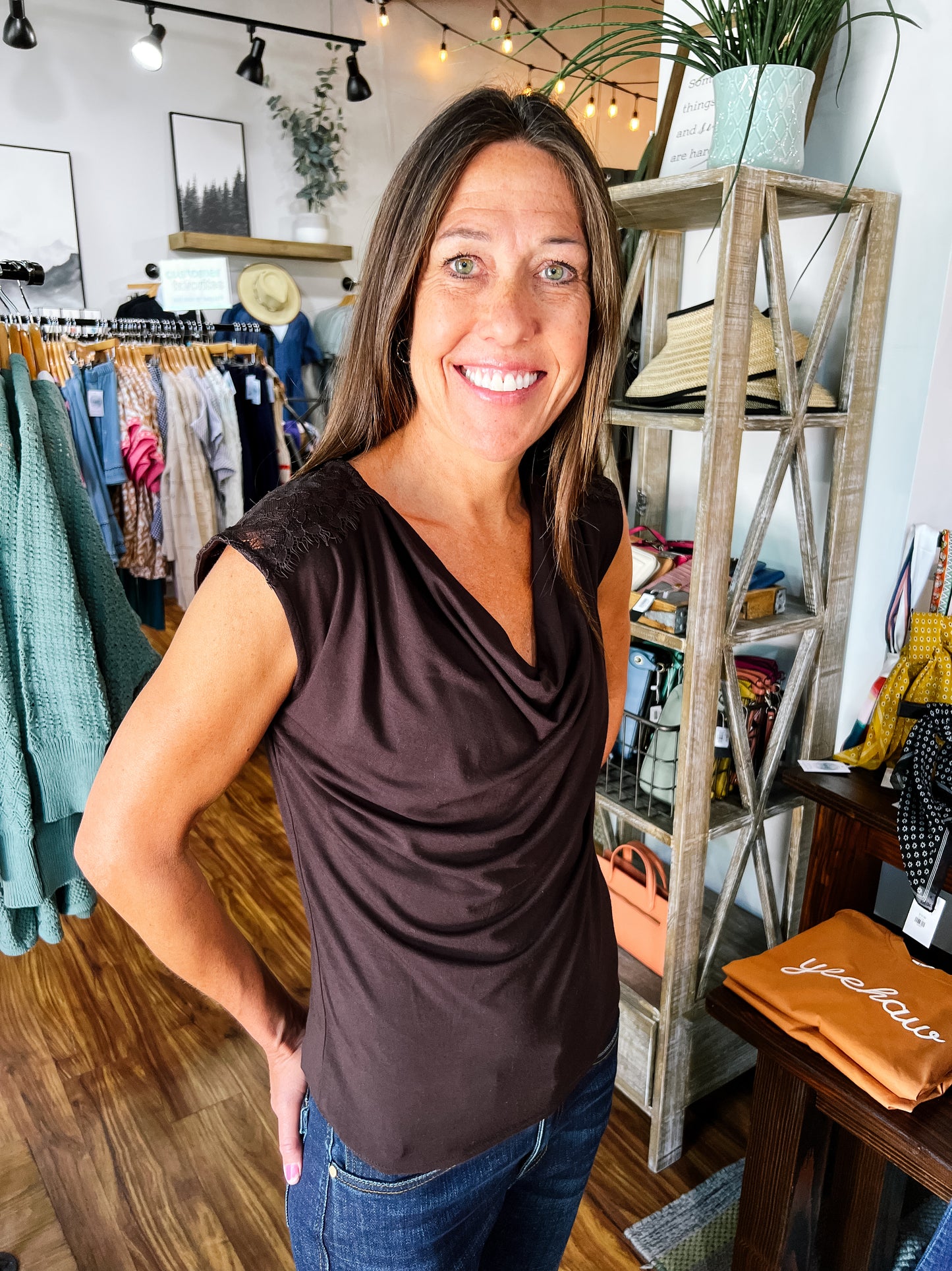 Dark Brown Draped Neck Sleeveless Top