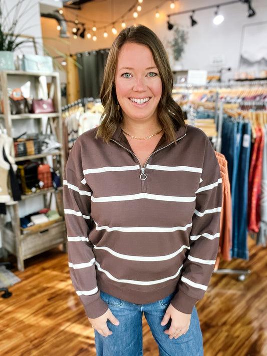 Brown w/ Cream Stripe Quarter Zip Top