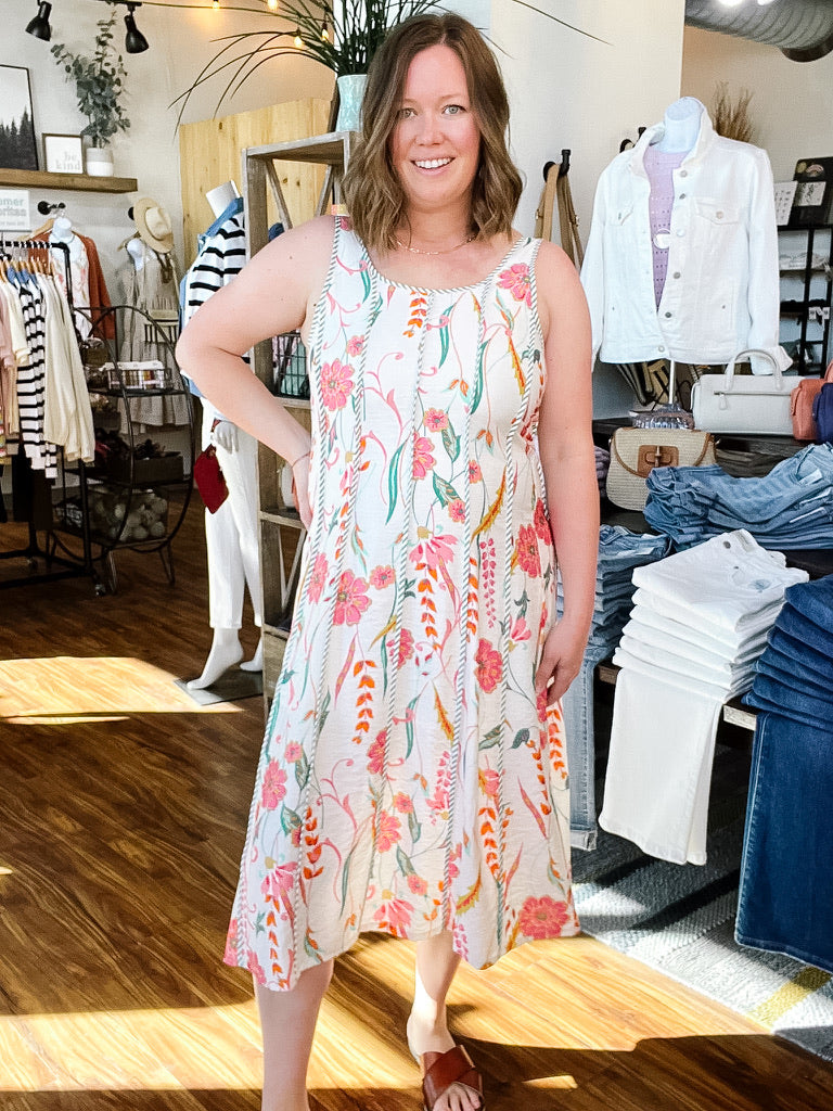 Coral & Green Floral Midi Dress