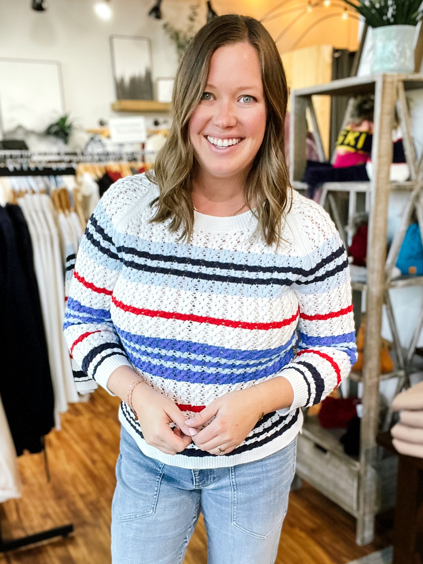 Red White & Blue Open Knit Sweater