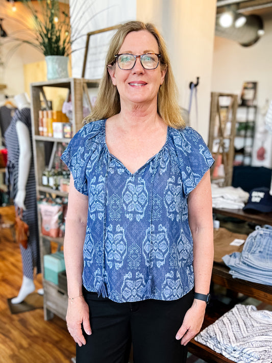 Blue Flutter Sleeve Tribal Top