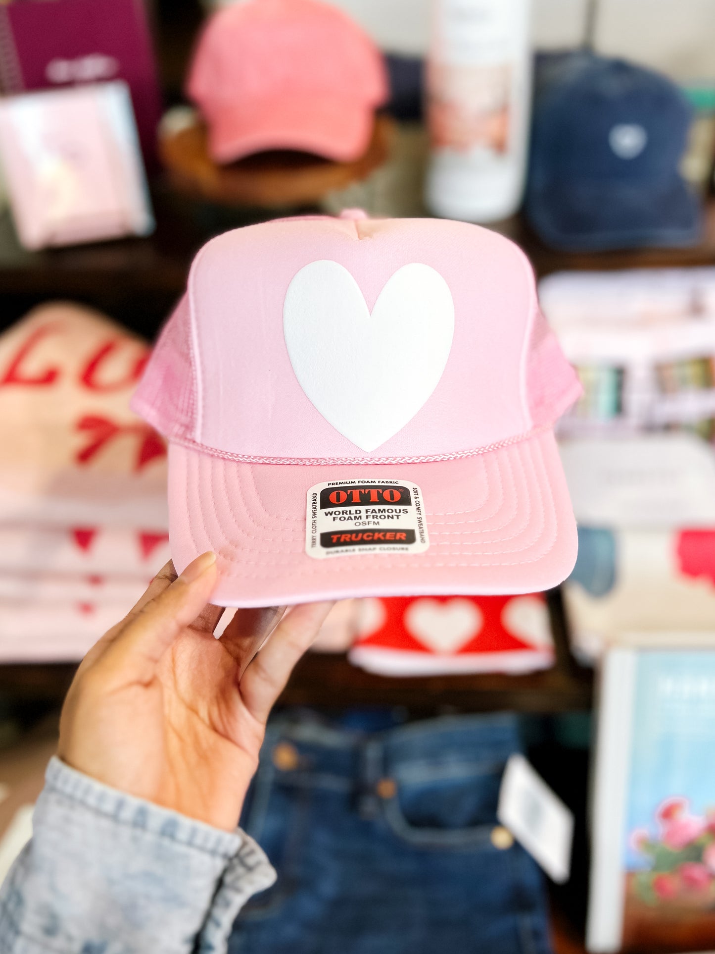Pink & White Puff Heart Trucker Hat