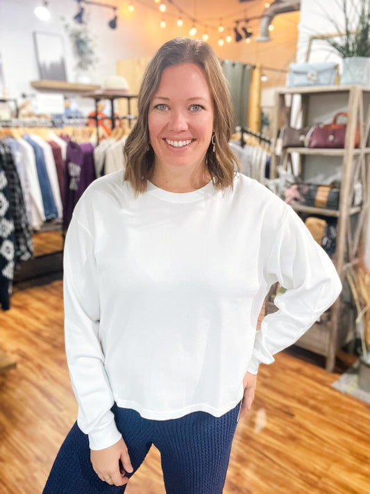 White Waffle Knit Long Sleeve Top