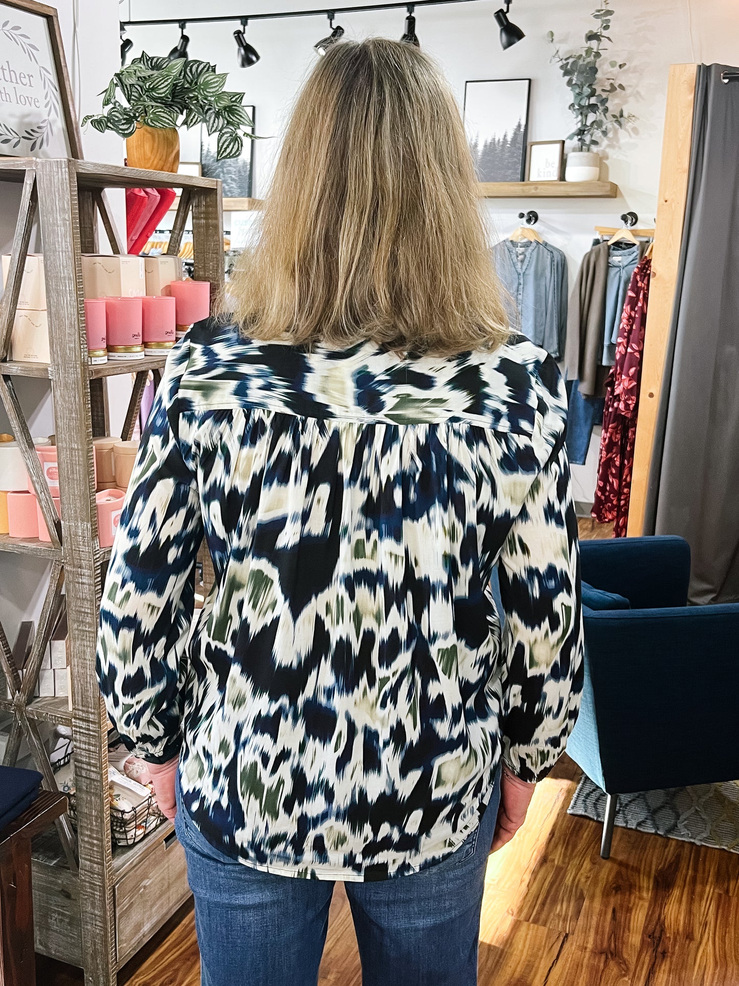 Navy & Green Patterned Blouse