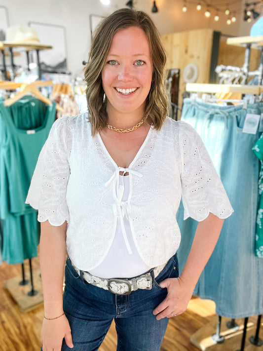 White Eyelet Tie Top