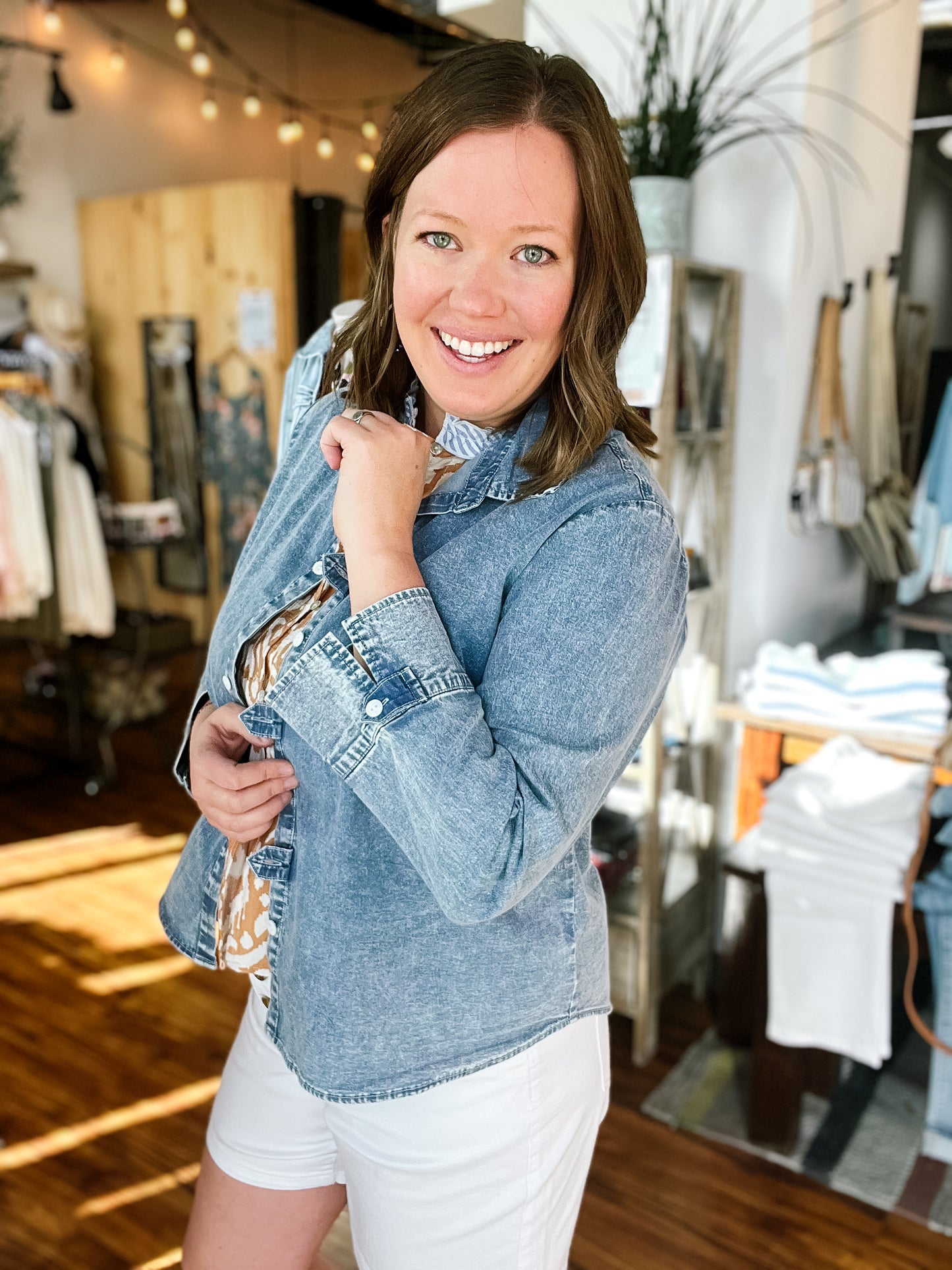 Chambray White Button Top