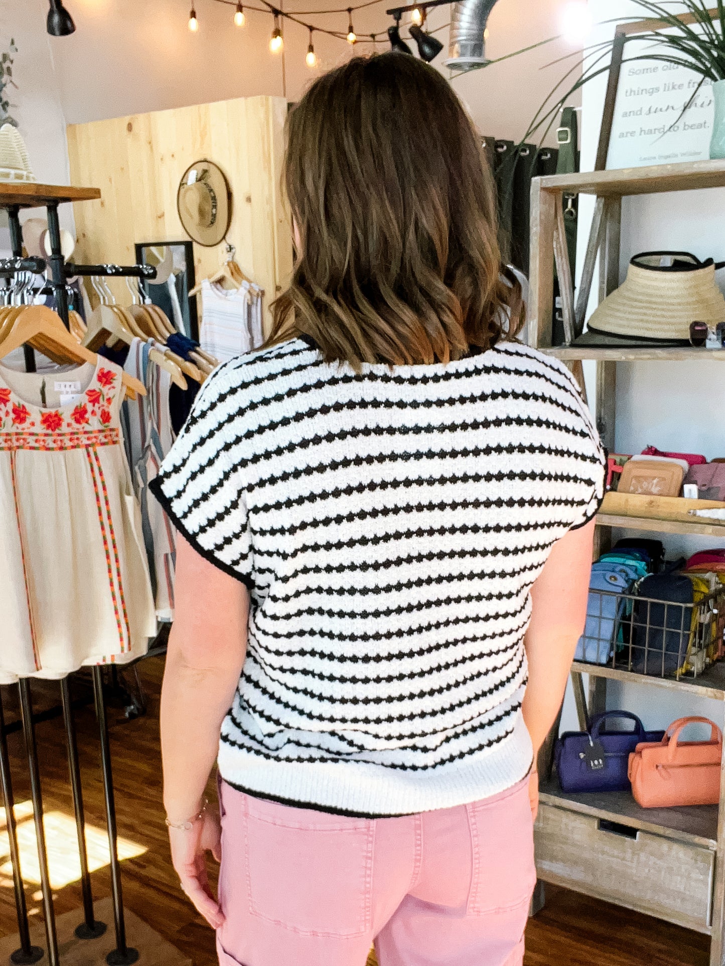 White W/Black Stripe Short Sleeve Sweater