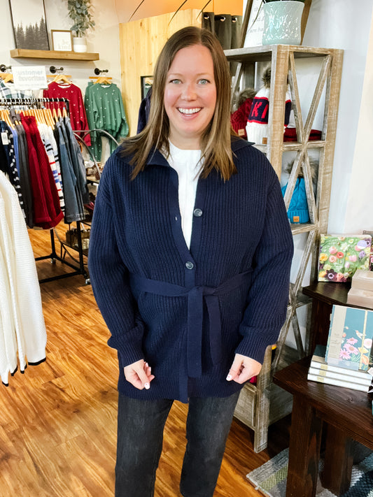 Navy Button Cardigan With Waist Tie