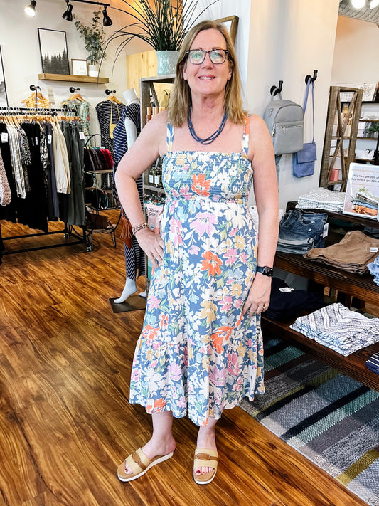 Blue Floral Smocked Dress