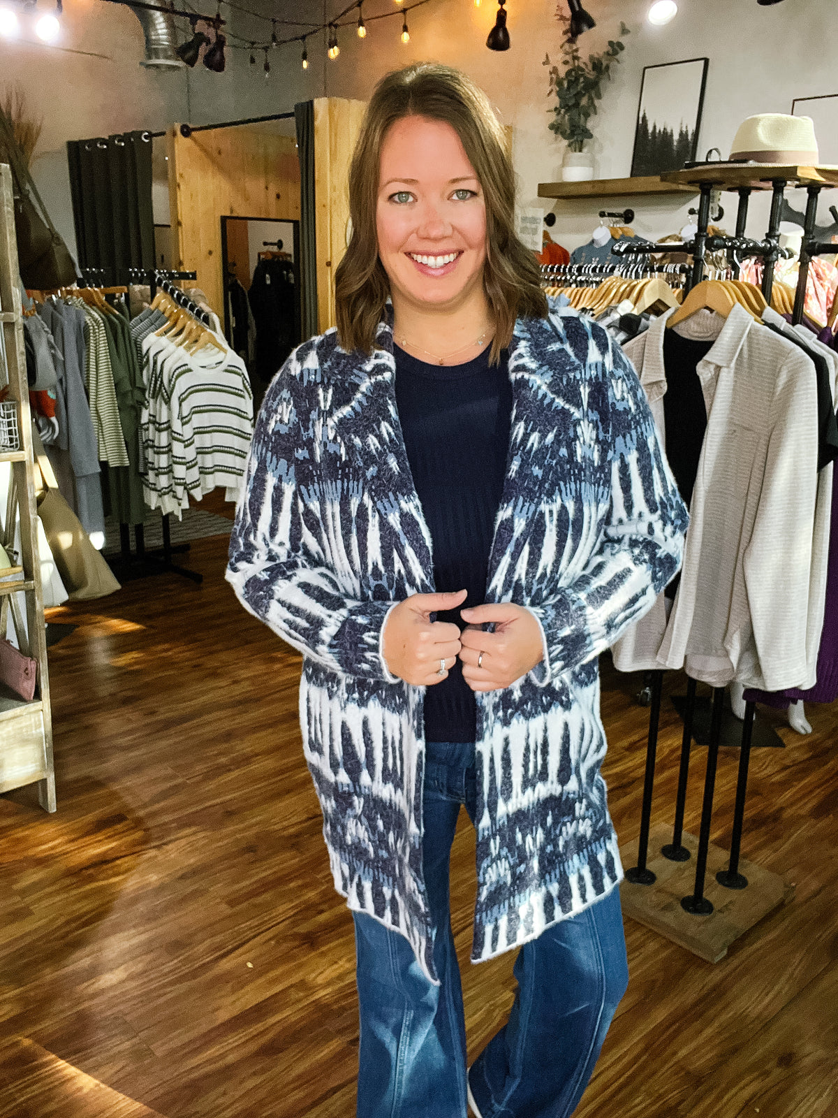 Navy Multi Print Open Front Shacket