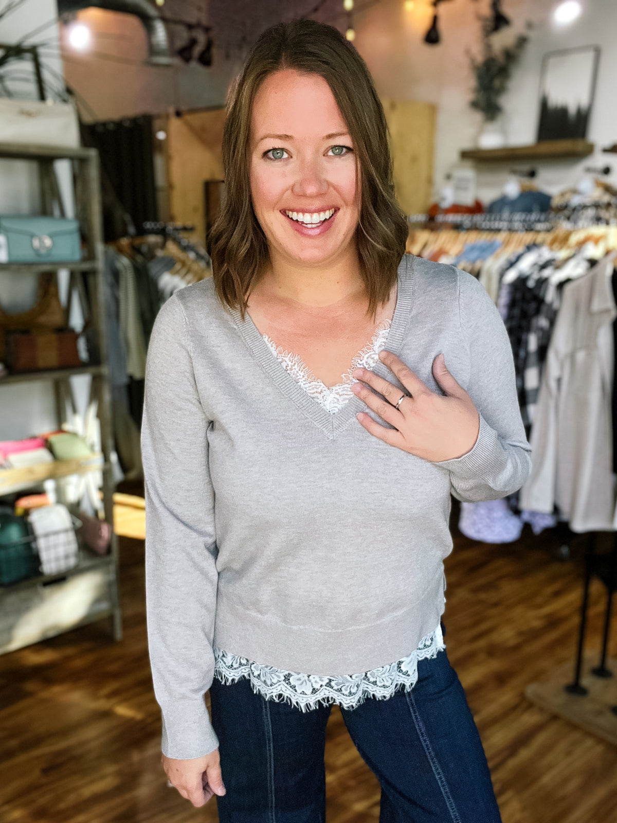 Gray w/ White Lace V-Neck Sweater