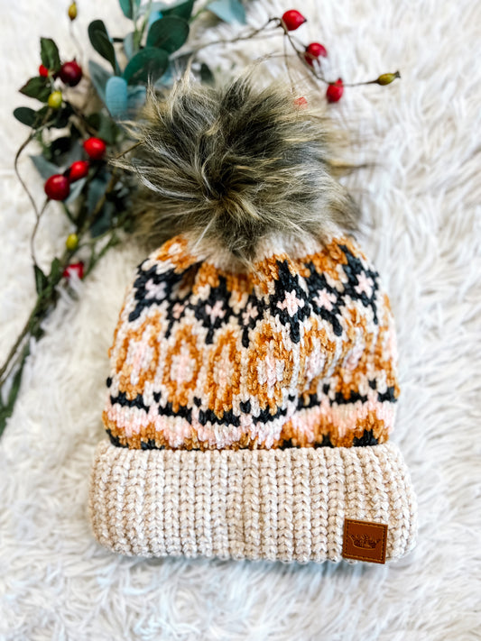 Beige, Light Pink & Navy Pom Beanie