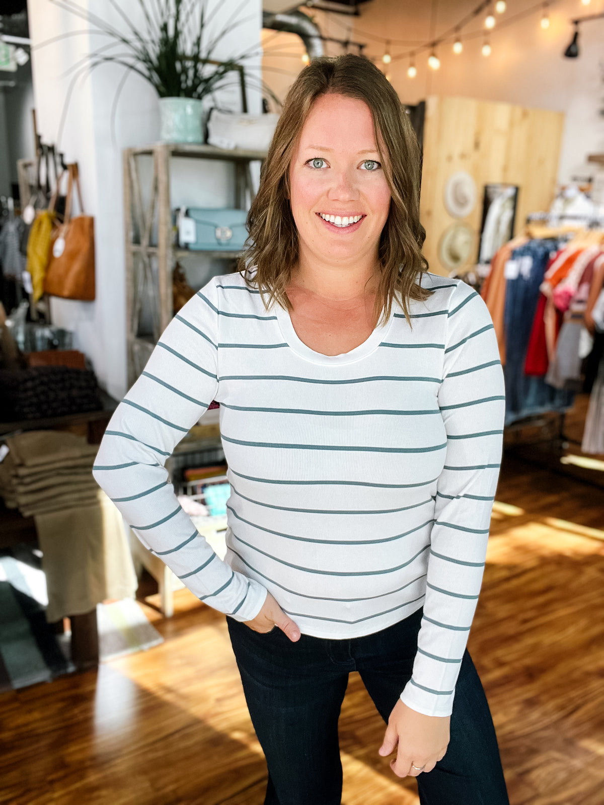 White & Sage Stripe Long Sleeve Top