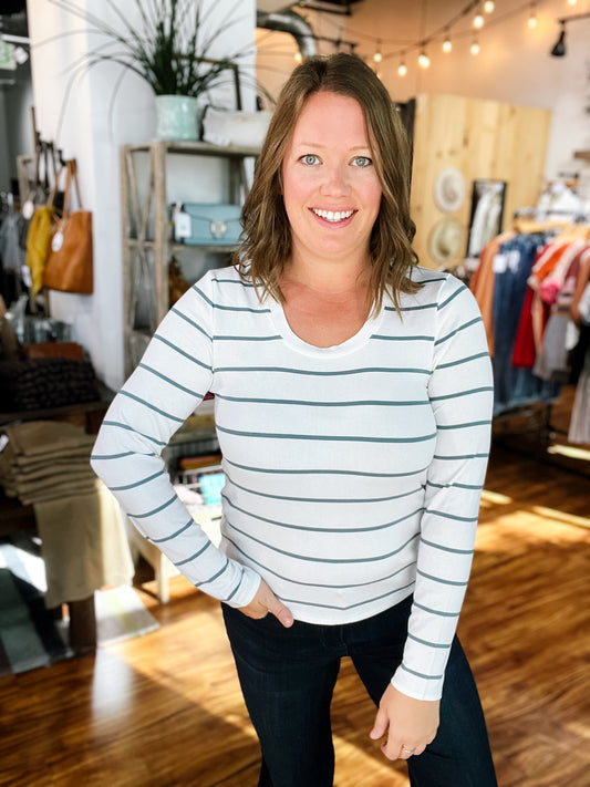 White & Sage Stripe Long Sleeve Top