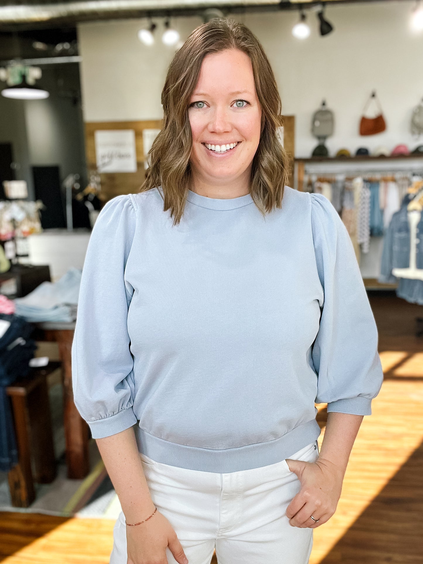 Light Blue Puff Sleeve French Terry Top