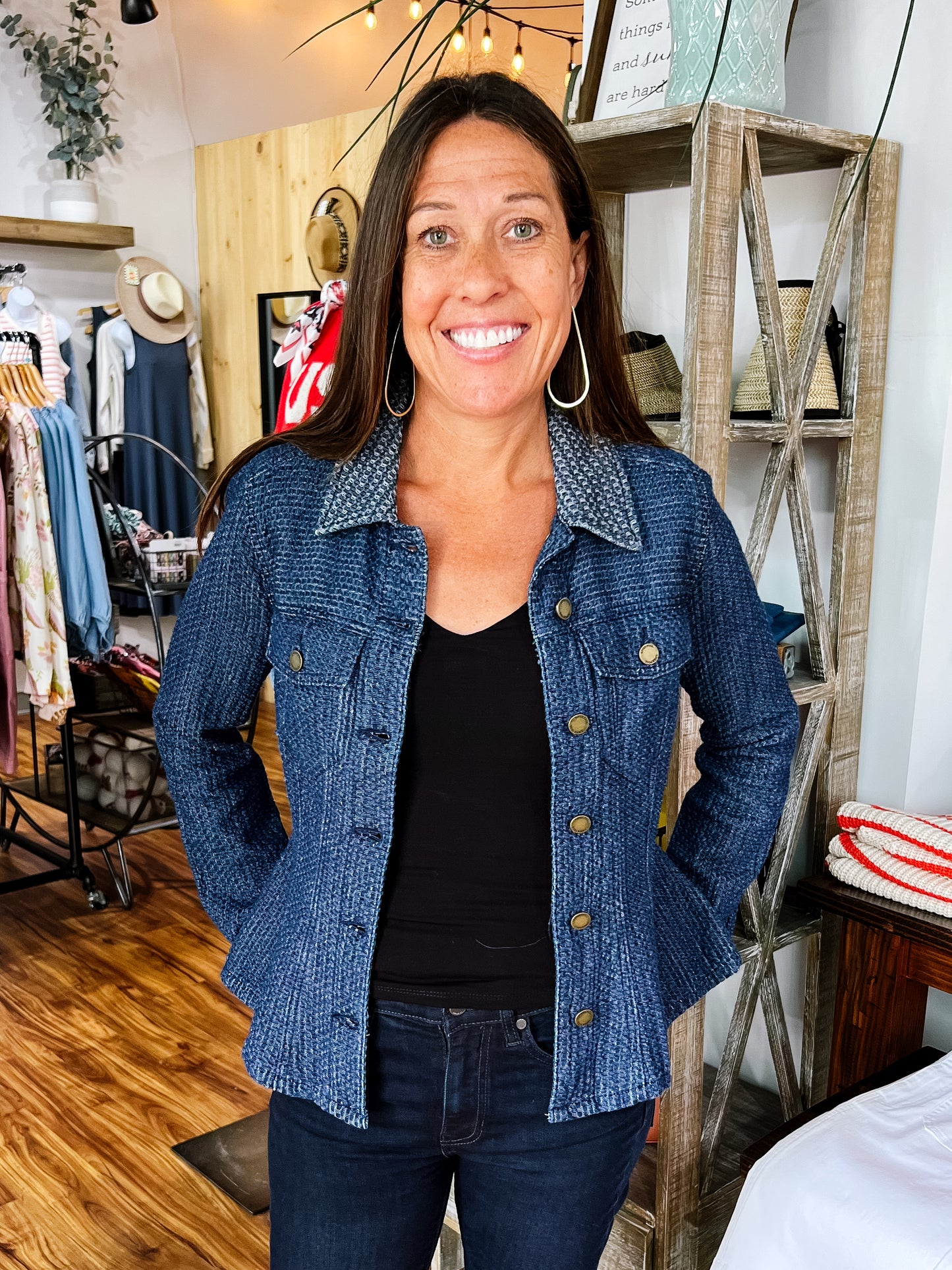 Dark Wash Textured Fit & Flare Jacket
