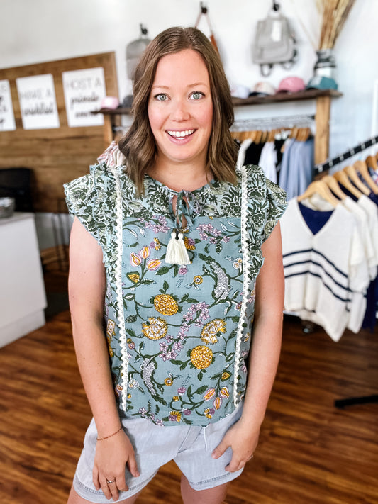 Green Floral Print W/Tassles Top