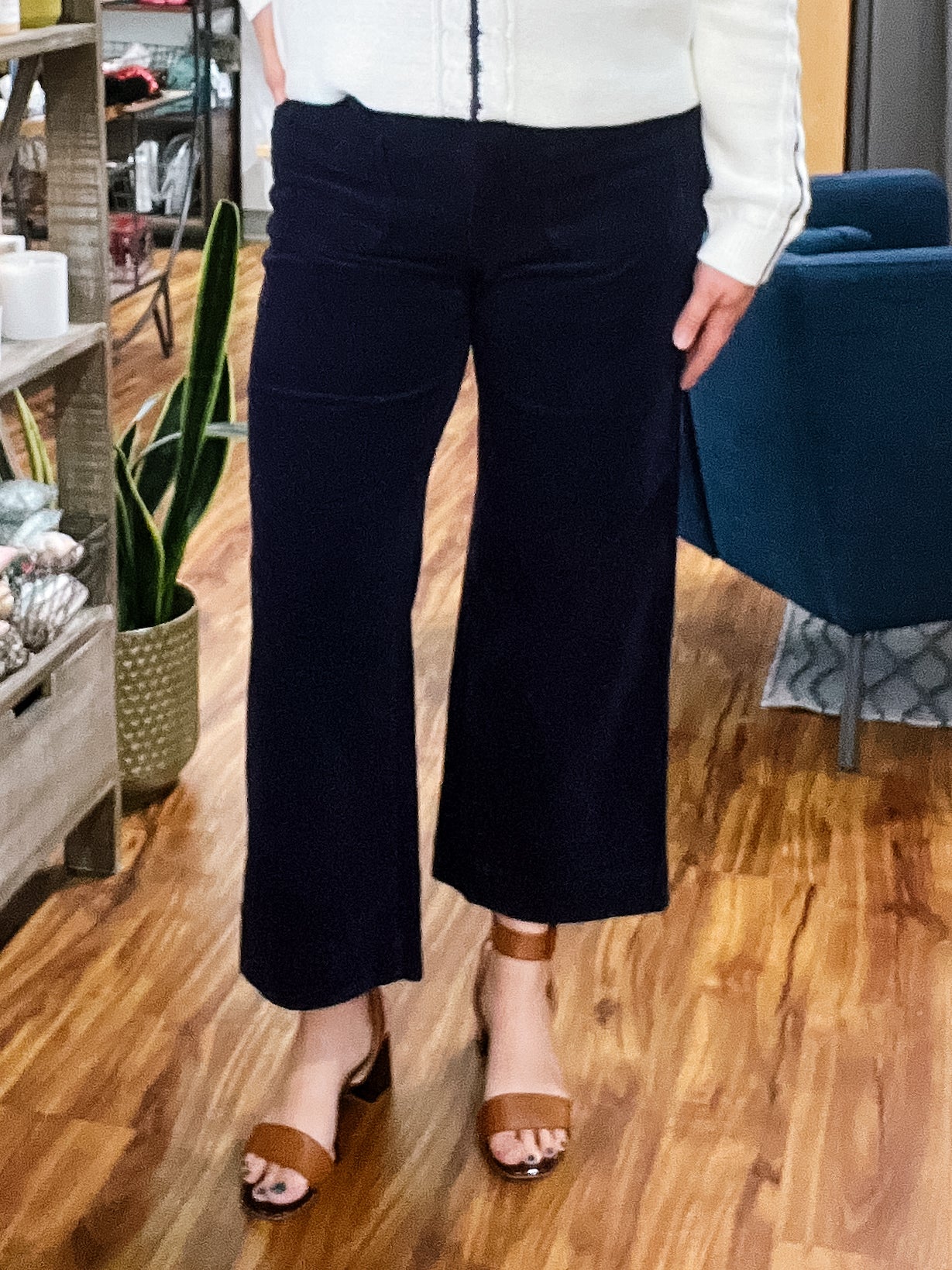 Navy Corduroy Wide Leg Crop Pant