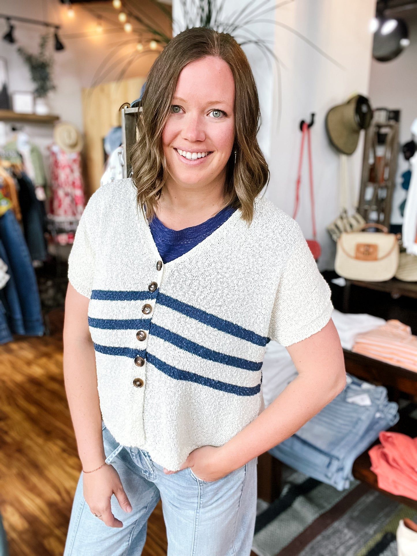 Cream & Navy Stripe Short Sleeve Cardigan