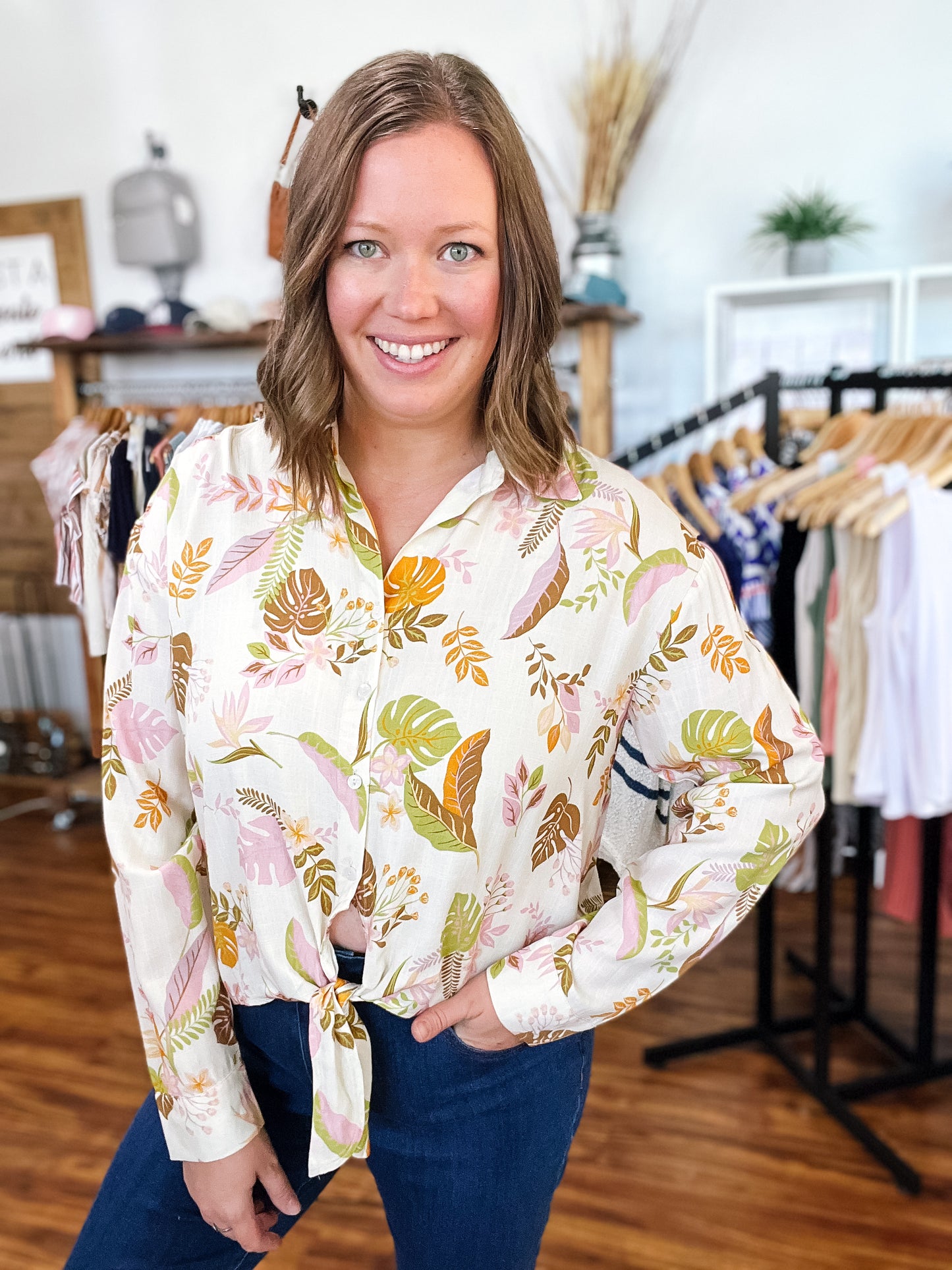Tropical Print Button Down Long Sleeve Shirt
