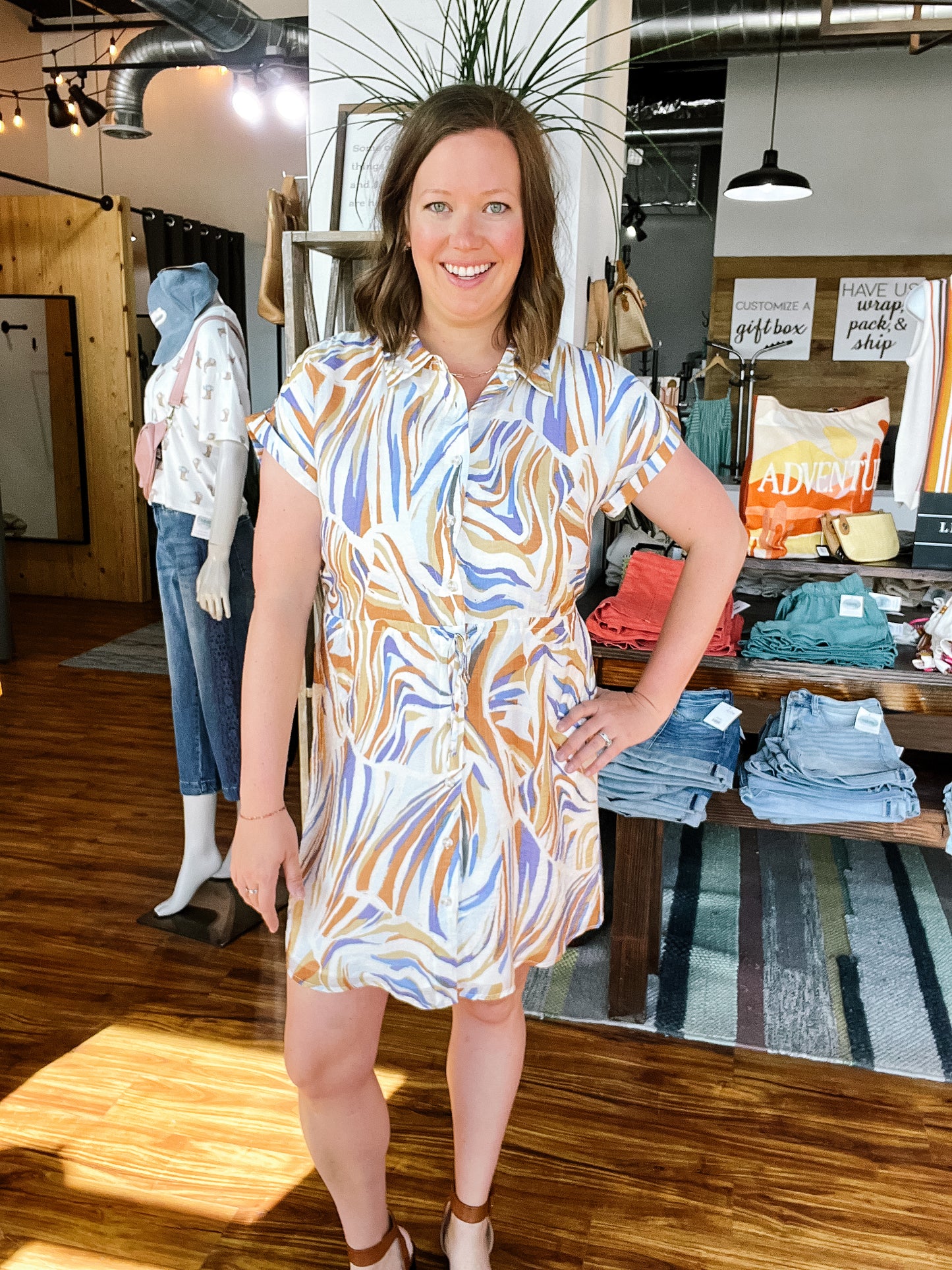 Blue, Cream & Gold Print Dress