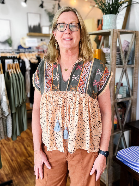 Cheetah Print & Embroidery Short Sleeve Top