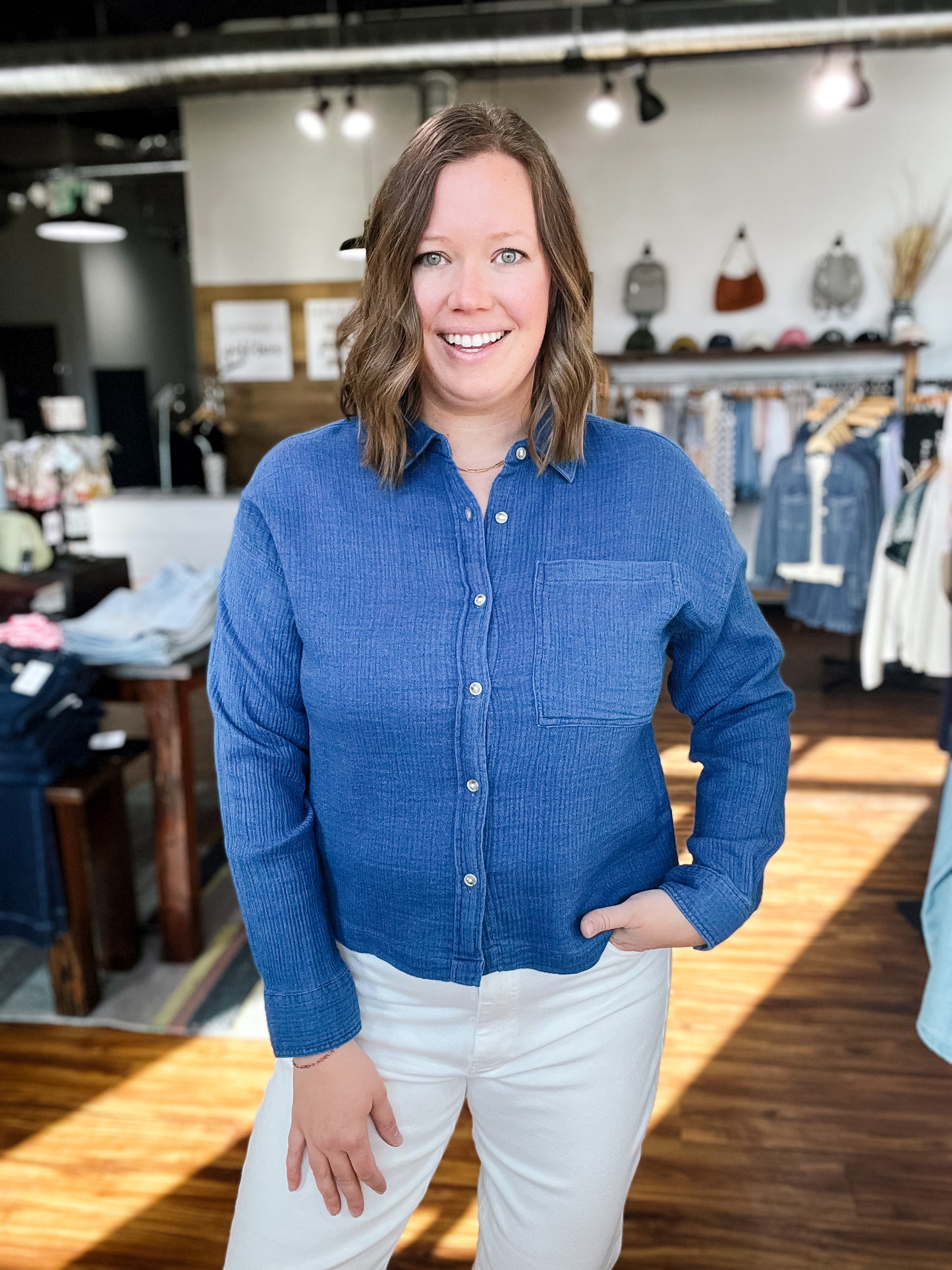 Blue Denim Gauze Long Sleeve Top