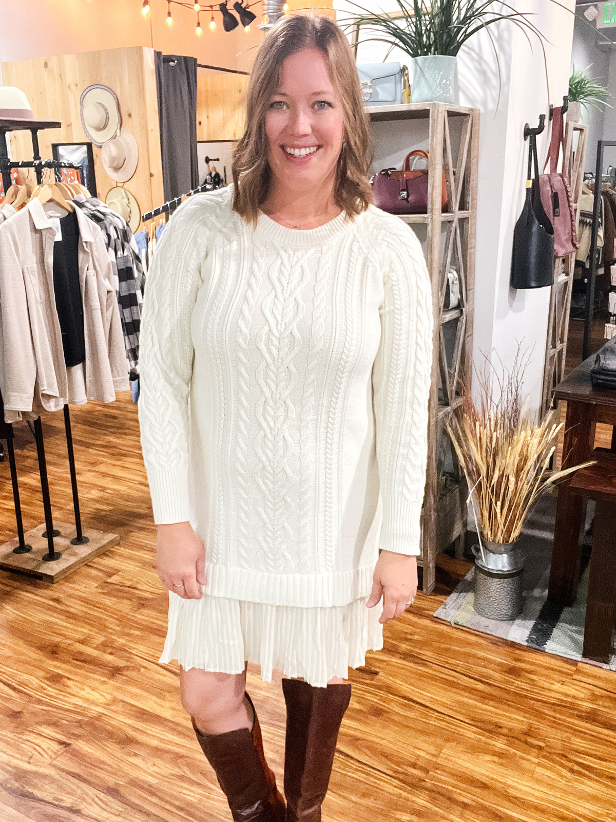 Cream Cableknit Sweater Dress w/ Accordian Detail