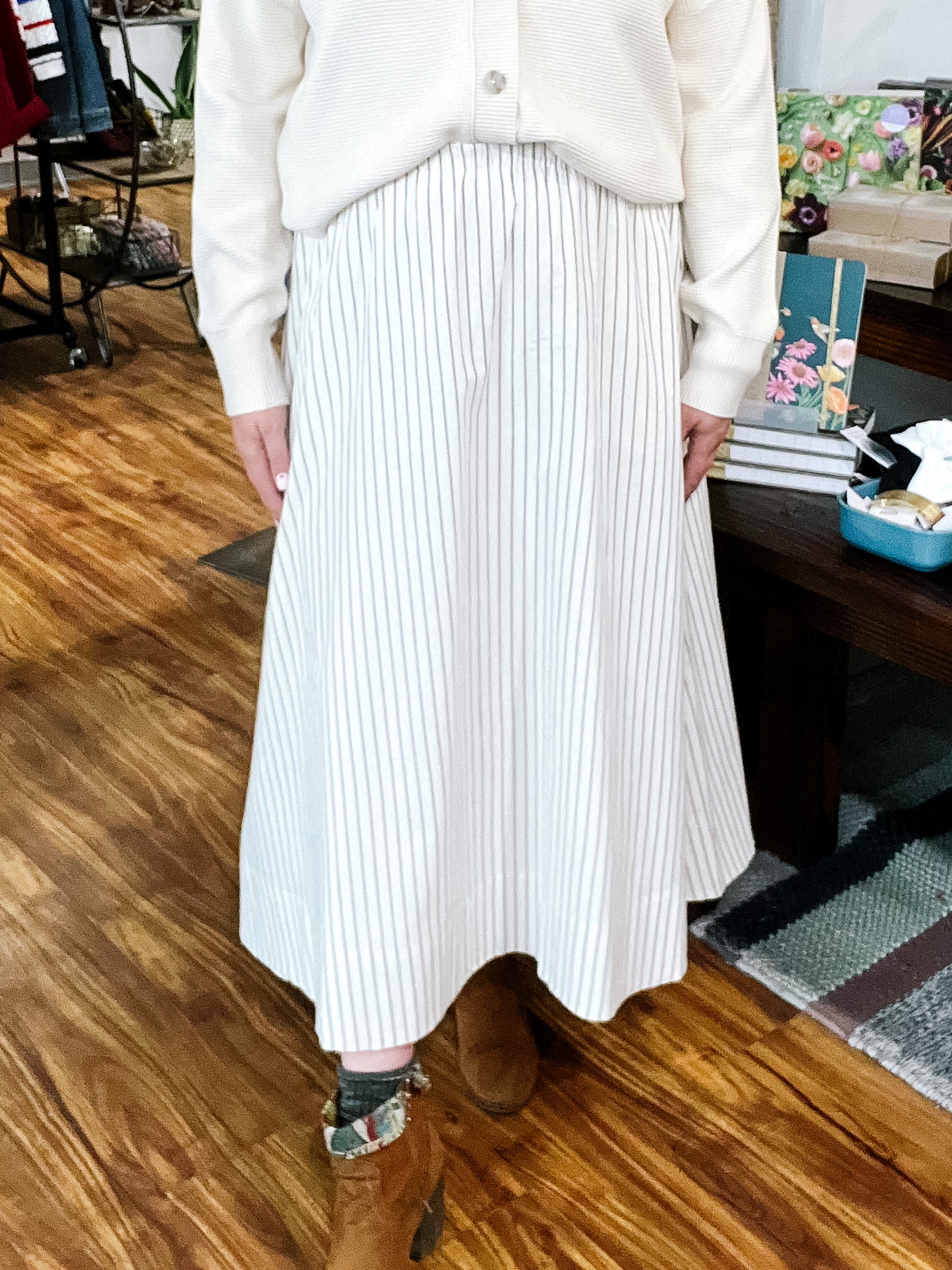 Cream Stripe Midi Skirt