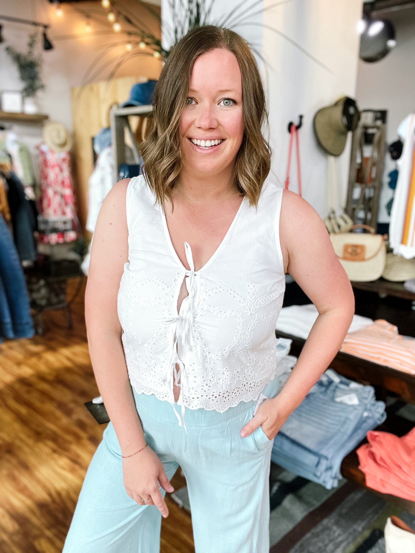 White Eyelet Tie Front Top