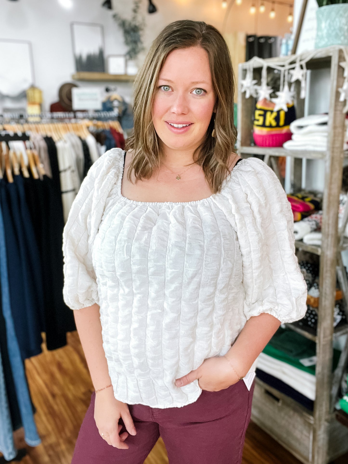 Cream Square Neck Textured Top