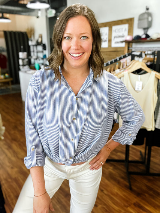 Blue And White Stripe Tie Front Top