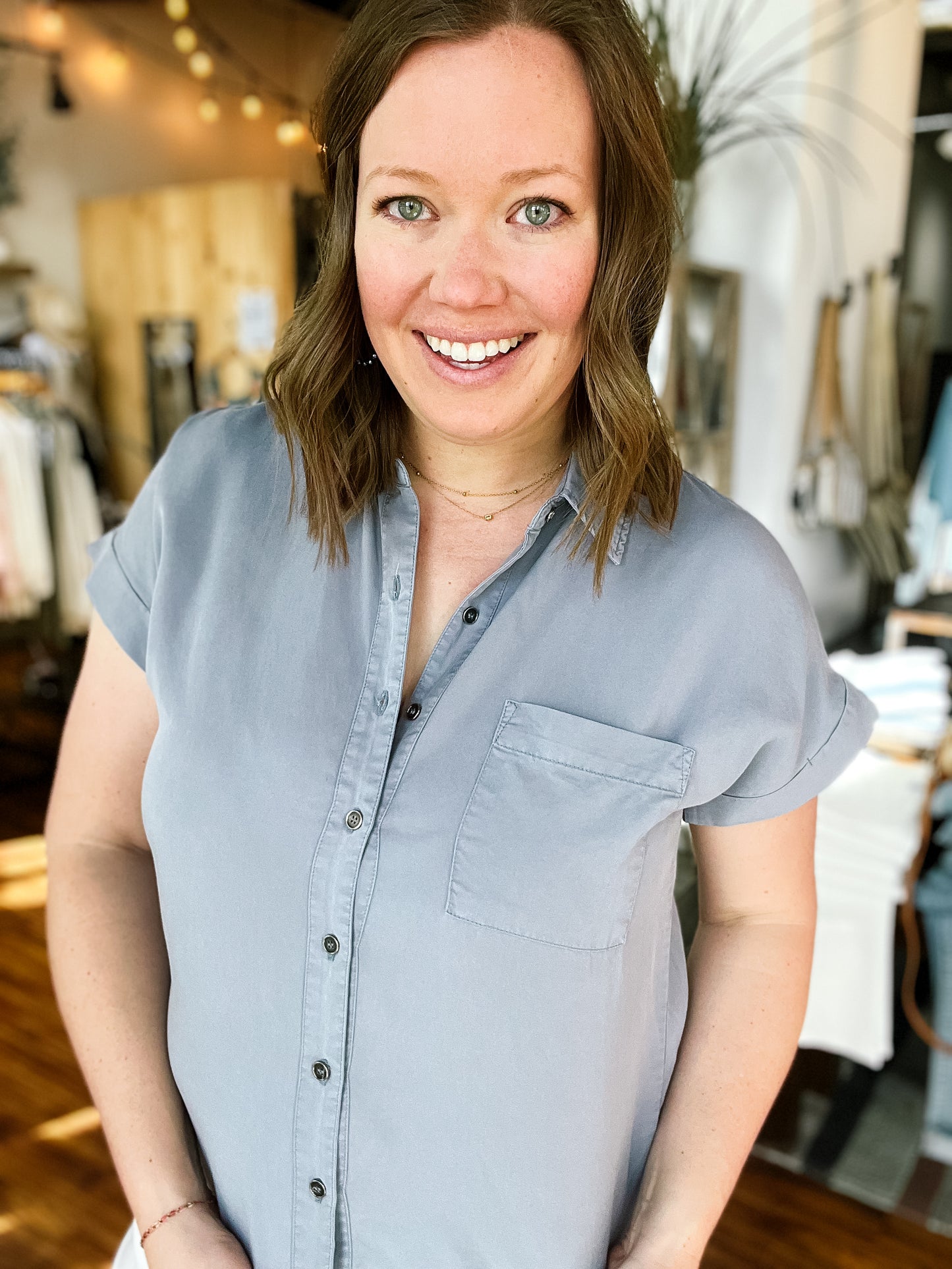 Powder Blue Short Sleeve Button Up Top