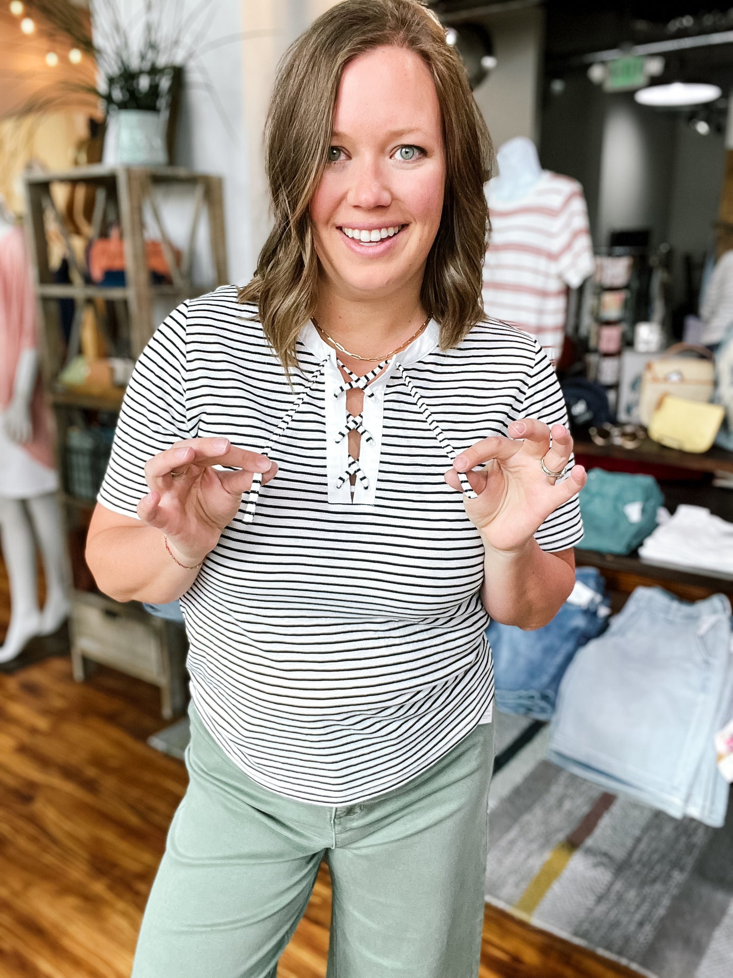 Cream W/Black Stripe Lace Up Top