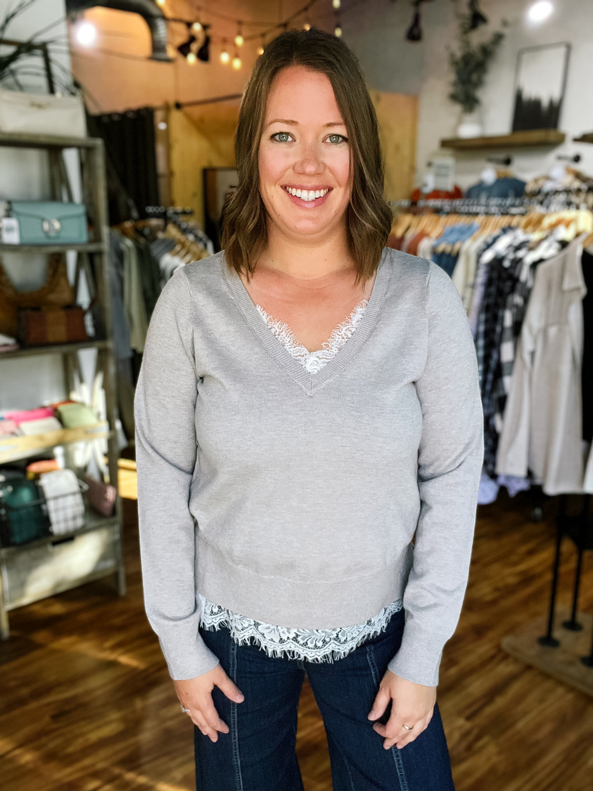 Gray w/ White Lace V-Neck Sweater