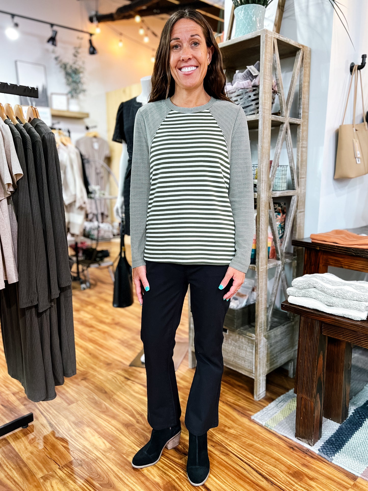 Forest Green & White Stripe Top