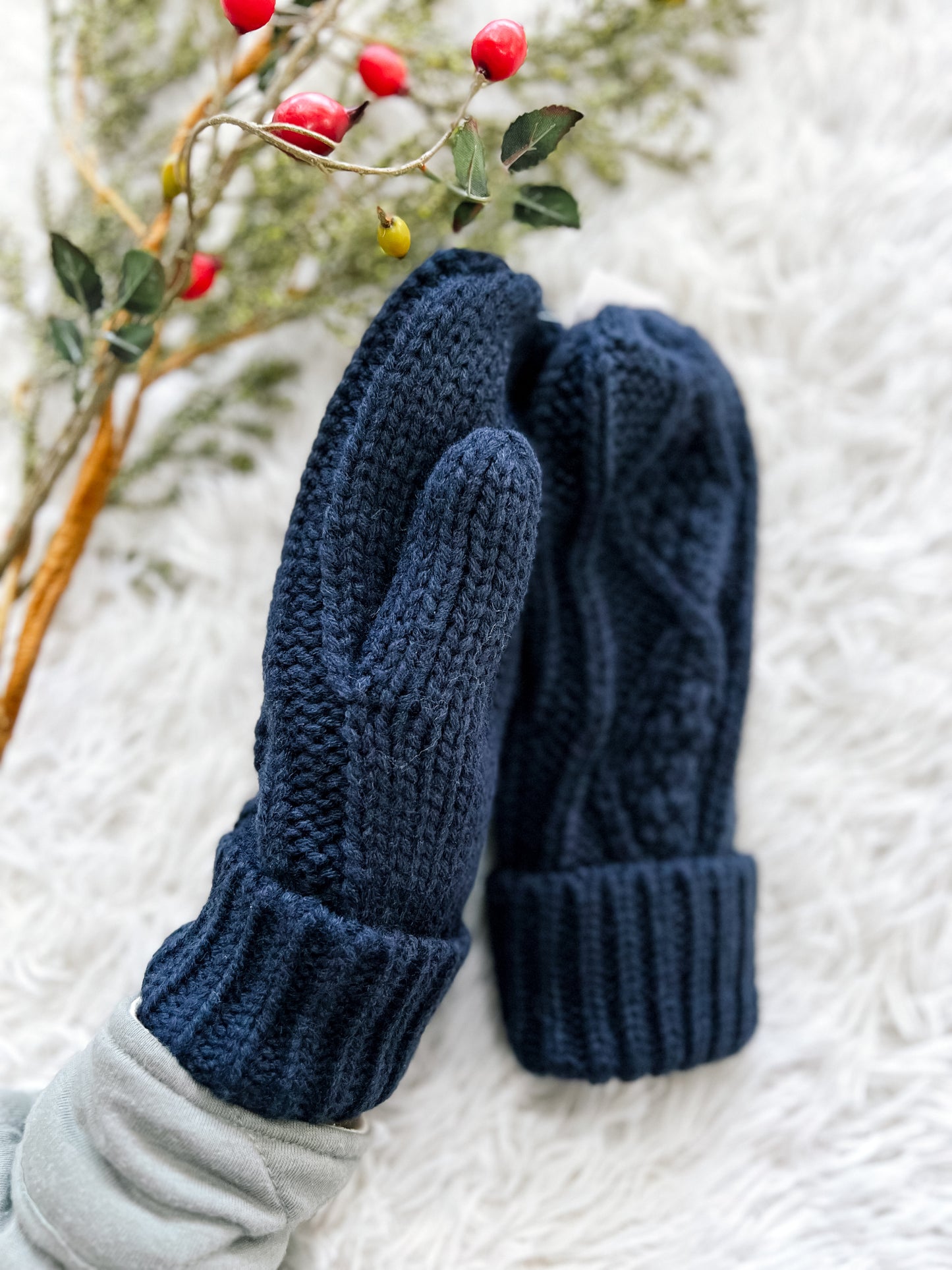 Navy Cable Knit Mittens