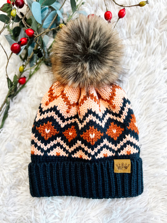 Navy, Rust & Pink Patterned Pom Beanie